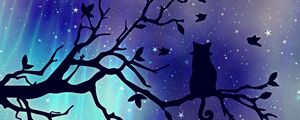 Preview wallpaper cat, silhouette, starry sky, branch, art