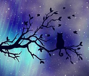 Preview wallpaper cat, silhouette, starry sky, branch, art