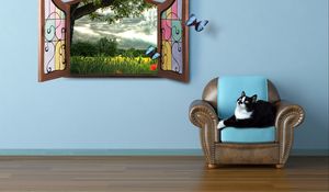Preview wallpaper cat, summer, window, watching, fairy tale, butterfly