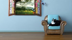 Preview wallpaper cat, summer, window, watching, fairy tale, butterfly