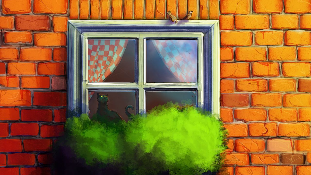 Wallpaper cat, window, house, art