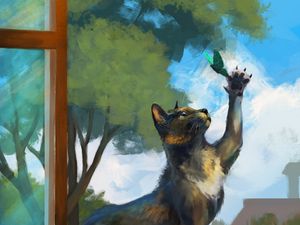 Preview wallpaper cat, window sill, butterfly, art, playful