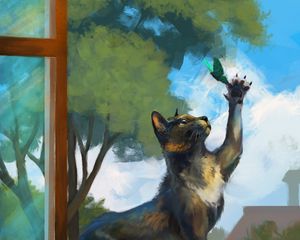 Preview wallpaper cat, window sill, butterfly, art, playful