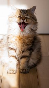 Preview wallpaper cat, yawn, open mouth, parquet, fluffy