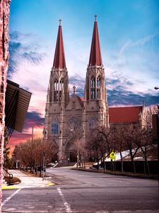 Preview wallpaper cathedral, towers, architecture, road