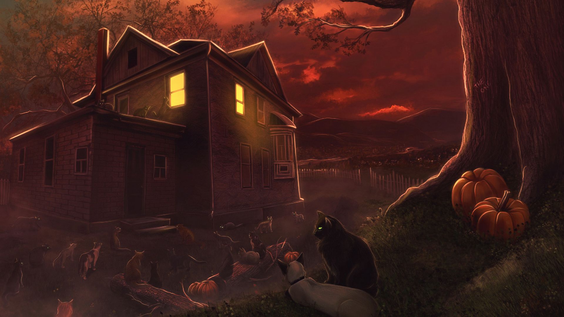 Download wallpaper 1920x1080 cats, night, house, moon, art full hd