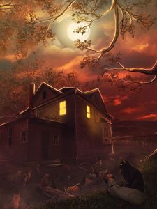 Preview wallpaper cats, night, house, moon, art