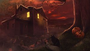 Preview wallpaper cats, night, house, moon, art