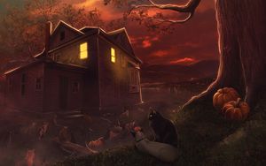 Preview wallpaper cats, night, house, moon, art