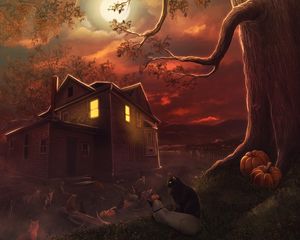 Preview wallpaper cats, night, house, moon, art