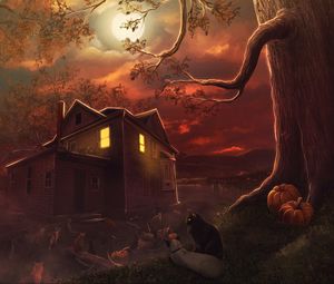 Preview wallpaper cats, night, house, moon, art