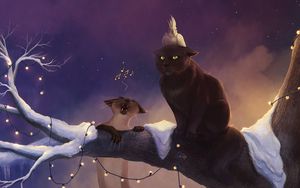 Preview wallpaper cats, tree, garland, art, funny
