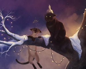 Preview wallpaper cats, tree, garland, art, funny