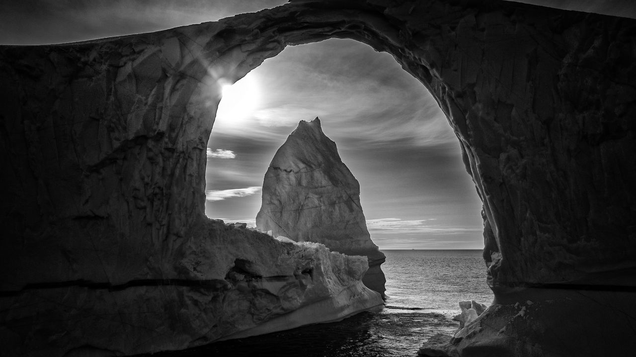 Wallpaper cave, arch, rock, sea, landscape, black and white
