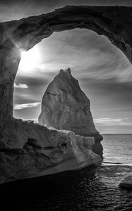 Preview wallpaper cave, arch, rock, sea, landscape, black and white