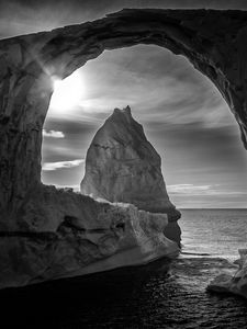 Preview wallpaper cave, arch, rock, sea, landscape, black and white
