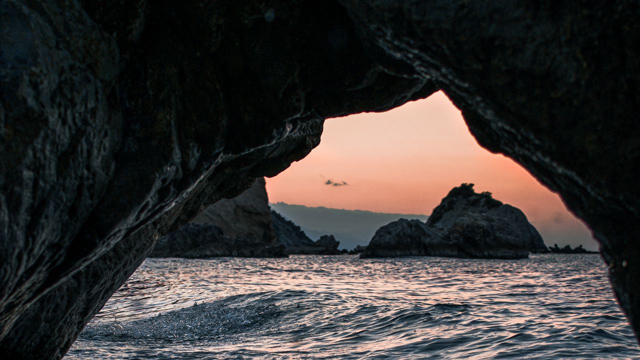 Wallpaper cave, arch, rocks, sea, stony