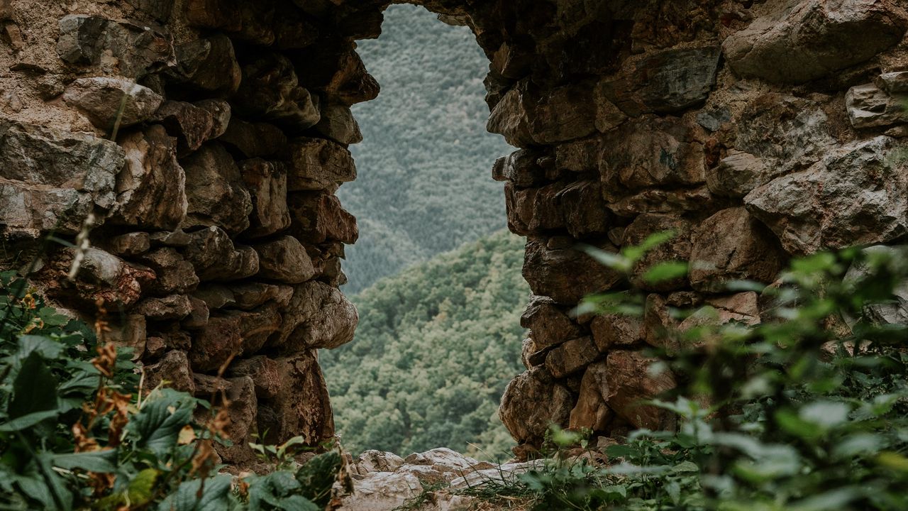 Wallpaper cave, arch, stones, grass