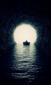 Preview wallpaper cave, boat, silhouette, water, dark