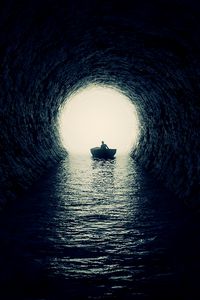 Preview wallpaper cave, boat, silhouette, water, dark