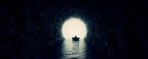 Preview wallpaper cave, boat, silhouette, water, dark