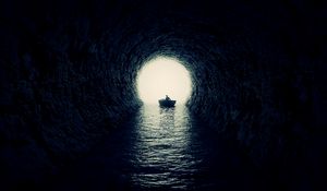 Preview wallpaper cave, boat, silhouette, water, dark