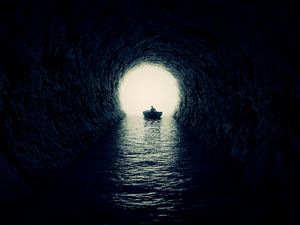 Preview wallpaper cave, boat, silhouette, water, dark