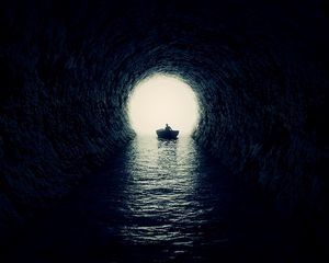 Preview wallpaper cave, boat, silhouette, water, dark