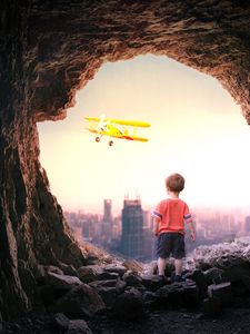 Preview wallpaper cave, child, plane, city, view