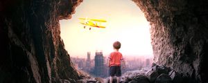Preview wallpaper cave, child, plane, city, view