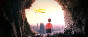 Preview wallpaper cave, child, plane, city, view