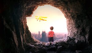 Preview wallpaper cave, child, plane, city, view