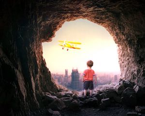 Preview wallpaper cave, child, plane, city, view