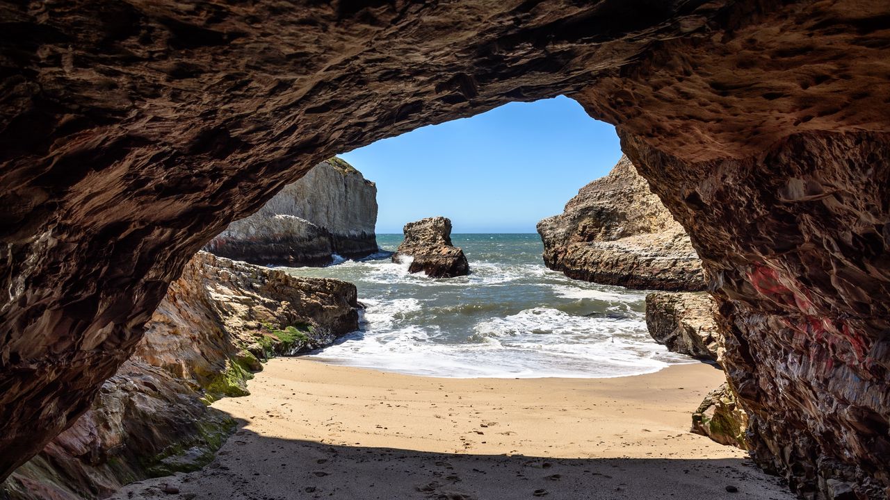 Wallpaper cave, coast, sea, rocks, view