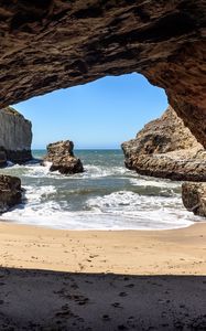 Preview wallpaper cave, coast, sea, rocks, view