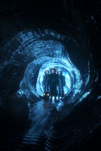 Preview wallpaper cave, dark, aliens, entrance, light, blue