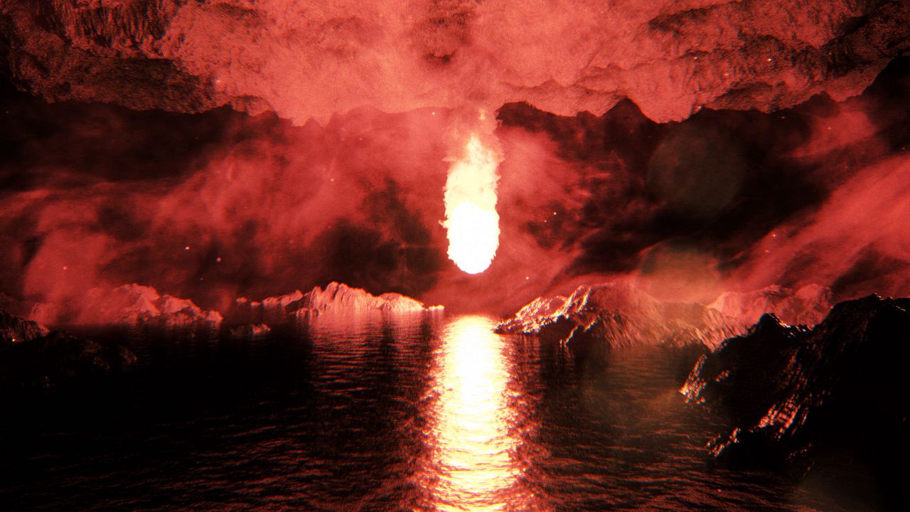 Wallpaper cave, fireball, reflection, water, blazing, bright