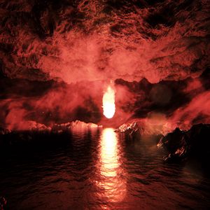 Preview wallpaper cave, fireball, reflection, water, blazing, bright