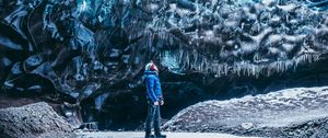 Preview wallpaper cave, ice, glacier, man, journey