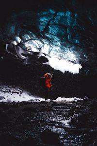 Preview wallpaper cave, ice, man, tourist, floe, snow