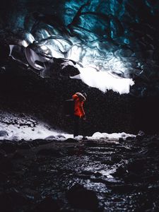 Preview wallpaper cave, ice, man, tourist, floe, snow