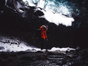 Preview wallpaper cave, ice, man, tourist, floe, snow