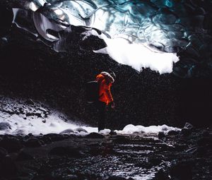 Preview wallpaper cave, ice, man, tourist, floe, snow