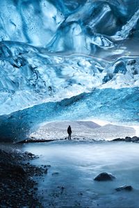 Preview wallpaper cave, ice, man, glacier, frozen