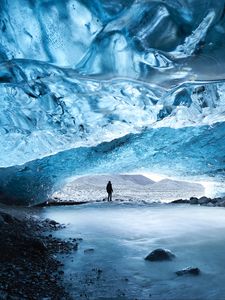 Preview wallpaper cave, ice, man, glacier, frozen