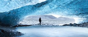 Preview wallpaper cave, ice, man, glacier, frozen