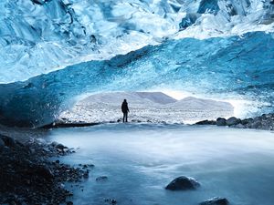 Preview wallpaper cave, ice, man, glacier, frozen