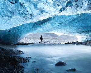 Preview wallpaper cave, ice, man, glacier, frozen
