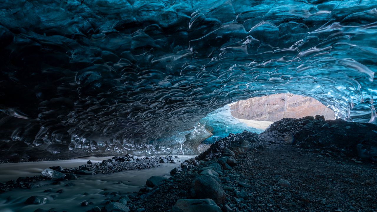 Wallpaper cave, ice, stones, nature, blue