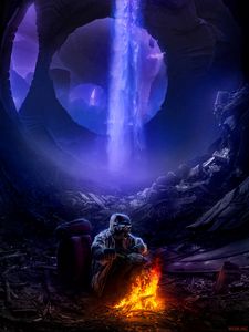 Preview wallpaper cave, man, fire, art, sci-fi